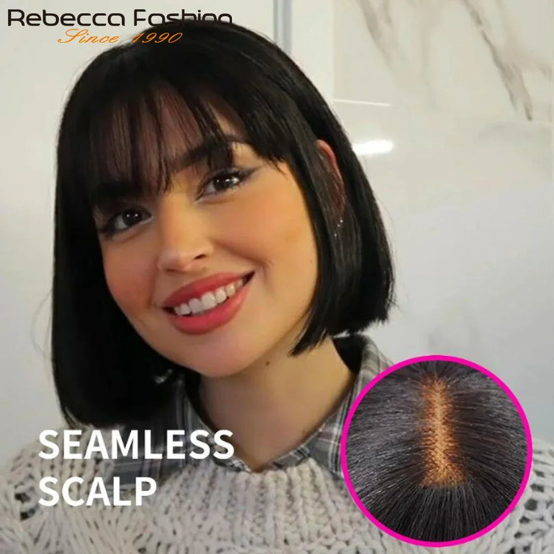 Real Scalp Bang Wig Straight Bob Wig With Bangs 3x1 Lace 100% Human Hair Short Ready-to-Wear Wig for Women Beginner Friendly