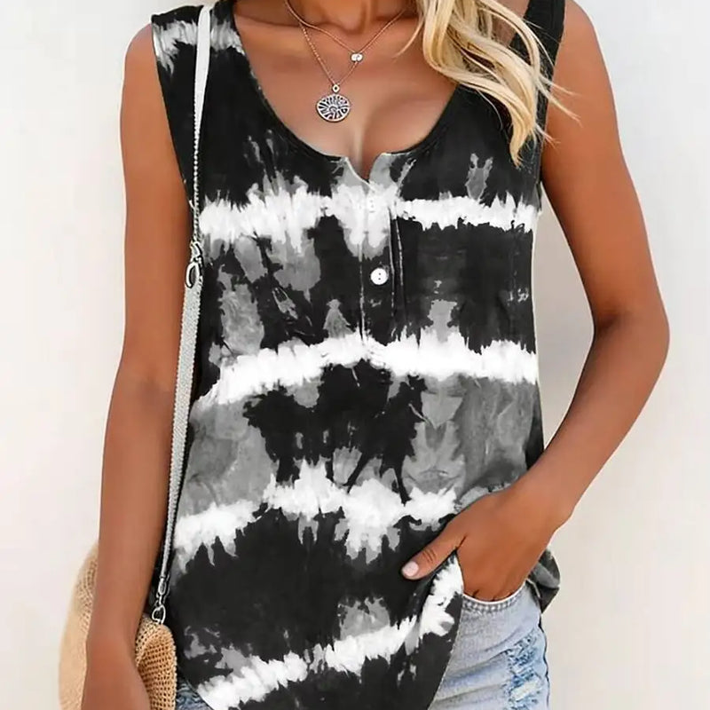 Women's Black White Tie Dye Tank Top V Neck Button Sleeveless Loose Tank Top Boho Spring Summer Day Casual Streetwear Top