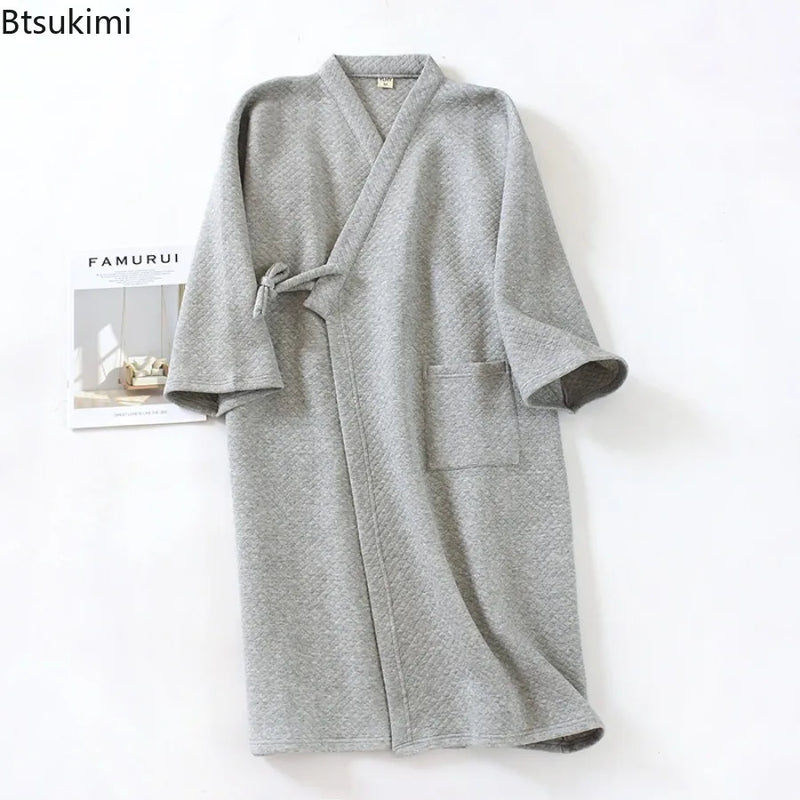 2026 Men's Casual Cotton Pajamas Dress Solid Warm Sleepwear Soft Loose Male Bath Robe Kimono Nightgown Home Clothes Men Robes