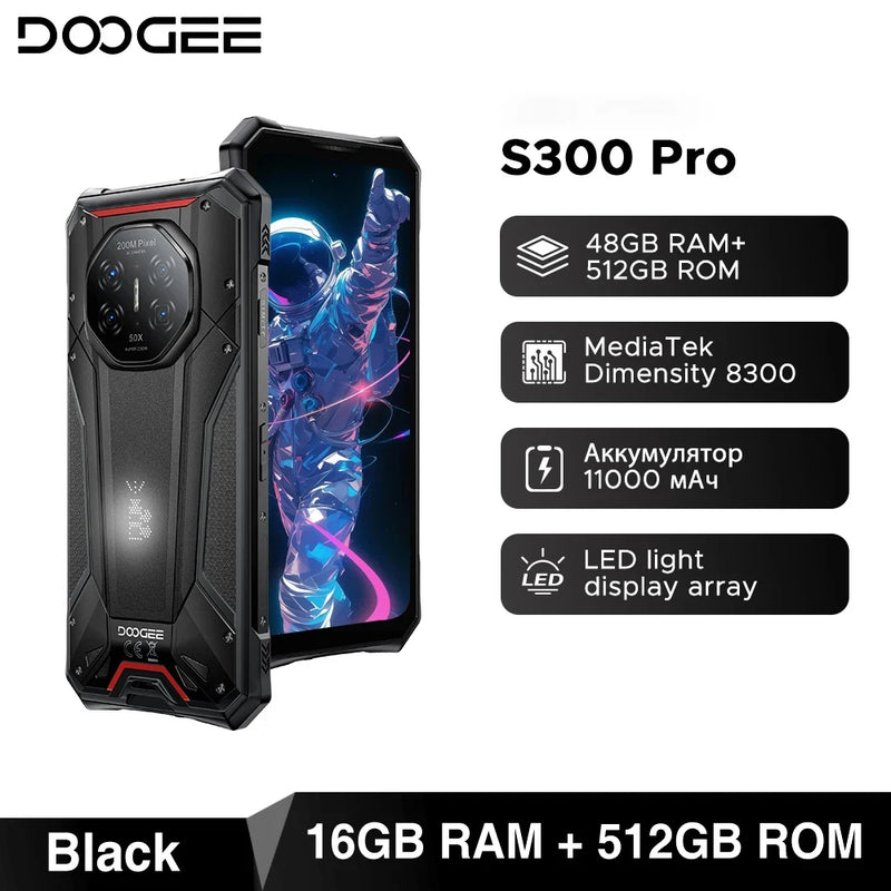 World Premiere DOOGEE S300 Pro Rugged Phone 48GB+512GB Dimensity 8300 6.78" FHD+ 11000mAh Battery 66W 200MP Camera Android 16
