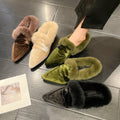 Women Luxury Velvet Mules Pointy Toe Slip-on Fur Sandals Ladies New Brand Design Outdoor Furry Slides Evening Party Heeled Shoes