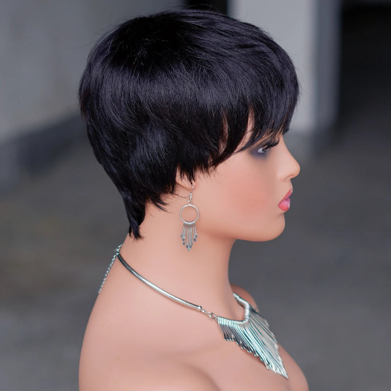 Short Pixie Cut Human Hair Wig for Women Natural Black Brazilian Hair Wig Machine Made Wigs with Bangs  Cheap  Layered Cut  Wigs