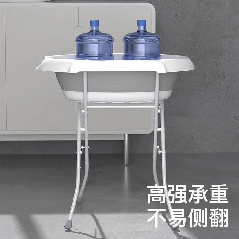 Foldable Baby Bath Tub with Stand No Bend Over Infant Bathing Collapsible Plastic Bathtub Iron Frame Supports Up to 20kg