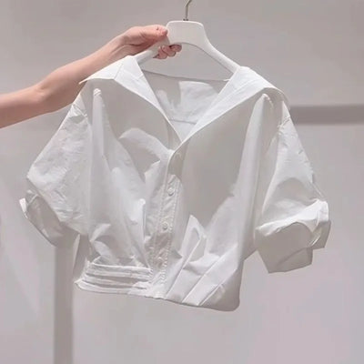 Lapel Bubble Sleeve Shirt Women Loose Fit Cropped | SAMAG