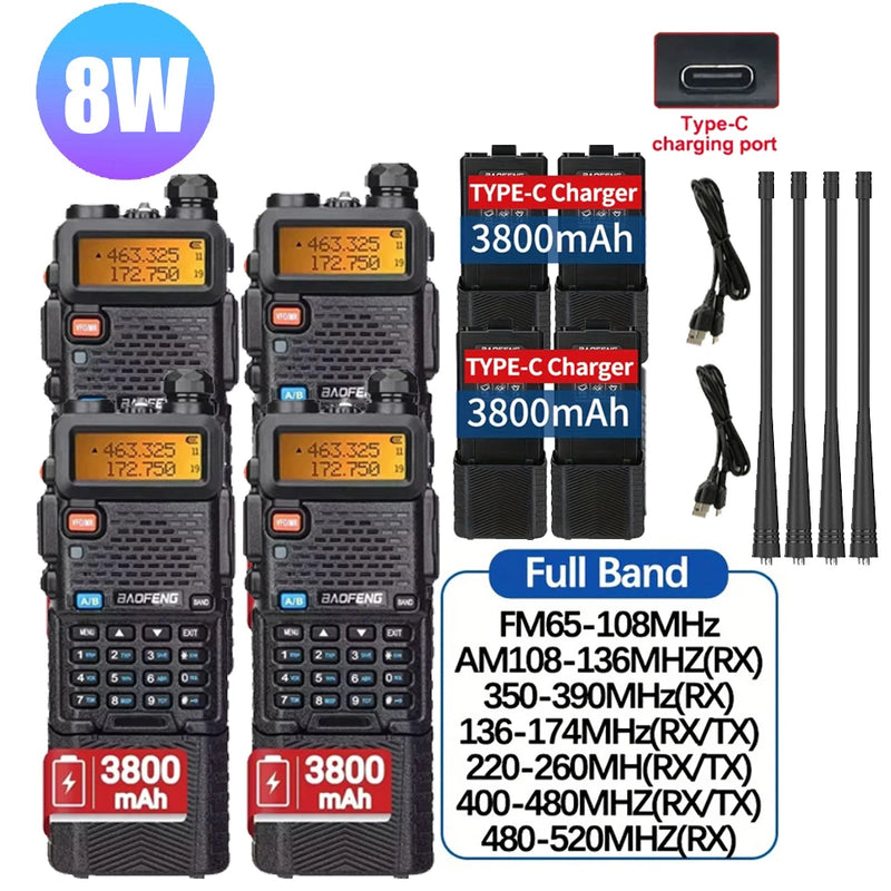 4Pcs Baofeng UV-5R 8W/5W Tri-Power Walkie Talkie High Power Dual Band Long Range Portable Handheld UV 5R Radio