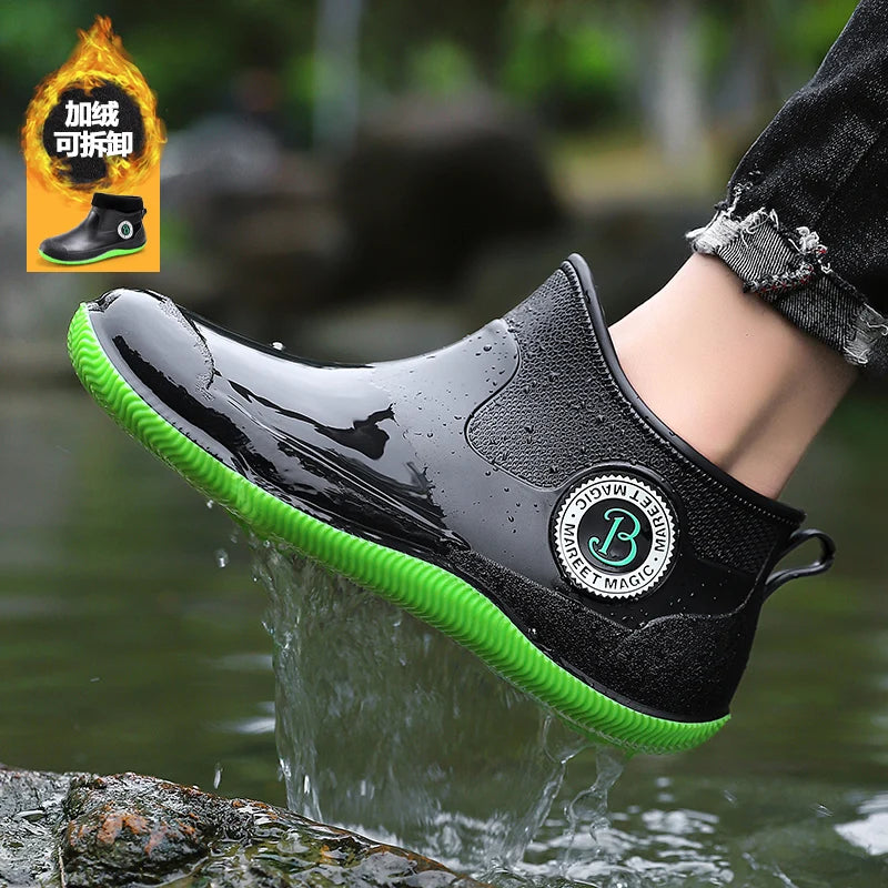 Men's Winter Fleece Lined Short Rain Boots Waterproof Non Slip Work Safety Rubber Boots Warm Cotton Shoes Kitchen Work Shoes