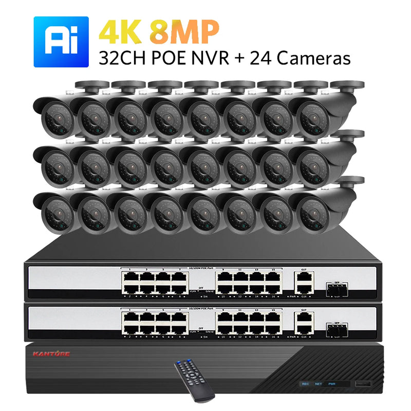KANTURE 32CH CCTV 4K Ultra HD NVR Security Camera System POE 8MP Ai Human Detection Outdoor Waterproof Night Vision Camera Kit
