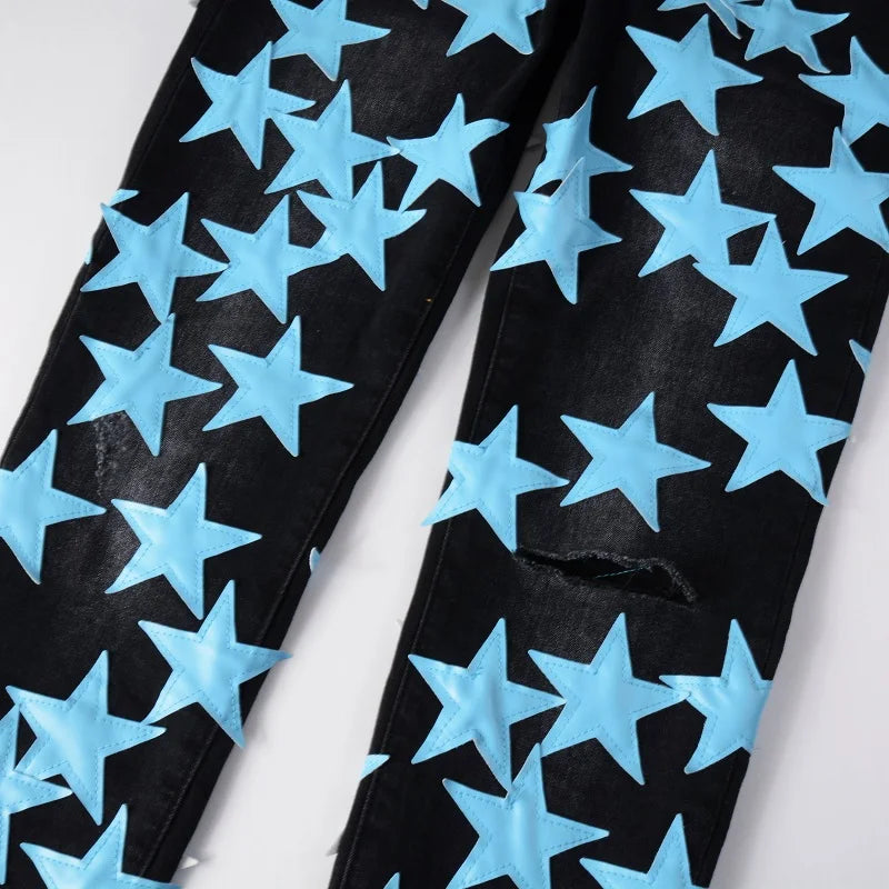 Men Sky Blue Leather Stars Patches Jeans Streetwear Black | SAMAG