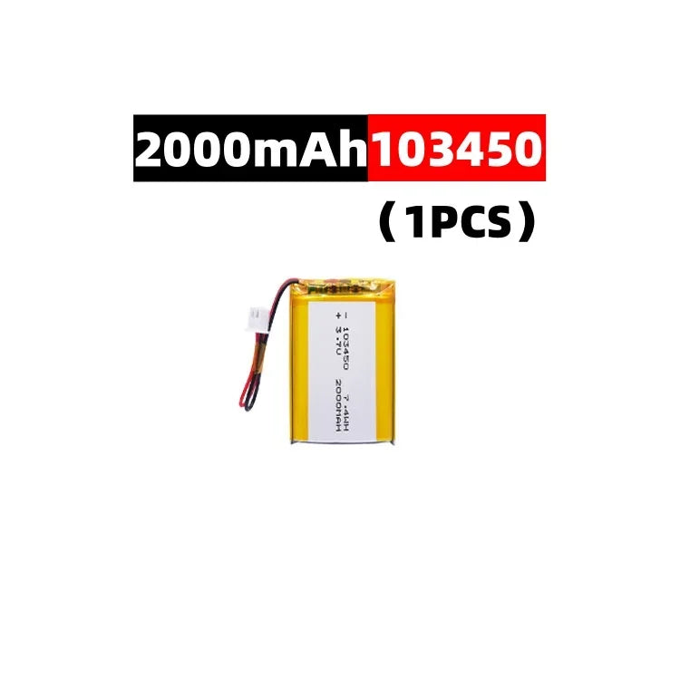 103450 3.7V 2000mAh Polymer Lithium Rechargeable Battery jst PH 2.0mm 2pin plug for Camera GPS navigator MP5 Bluetooth Headset