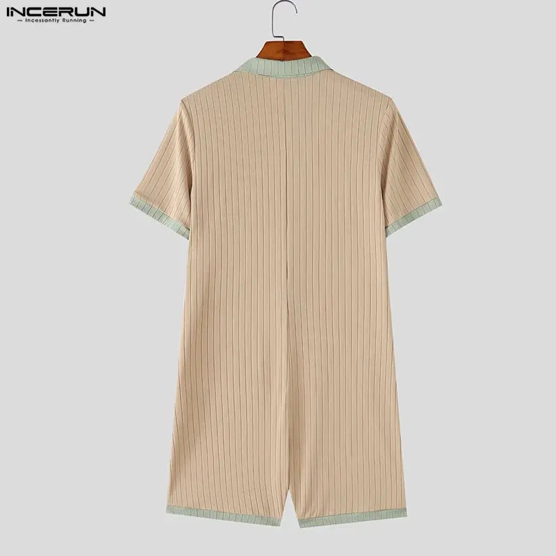 INCERUN Men's Bodysuits Patchwork Lapel Short Sleeve Button Male Rompers Playsuits Knitted Summer 2026 Casual Bodysuit For Man