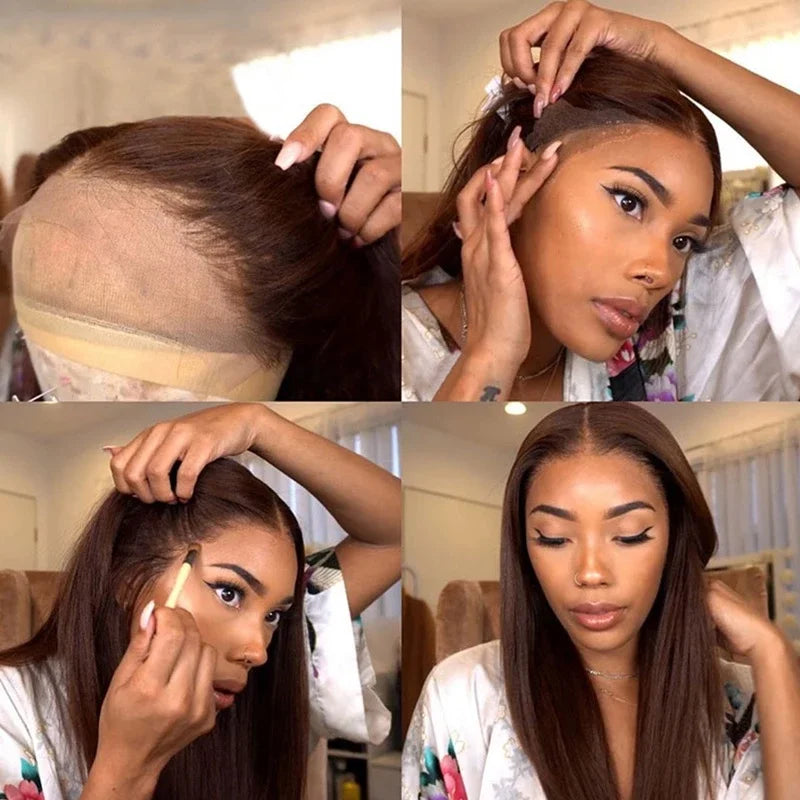 Chocolate Brown Straight Lace Front Wig Synthetic 30 Inch 200 Density 13x4 HD Transparent Full Lace Frontal Wig Pre Plucked