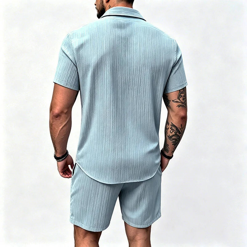 Men Vertical Wrinkle Lapel Short Sleeve Shirt Regular Fit | SAMAG