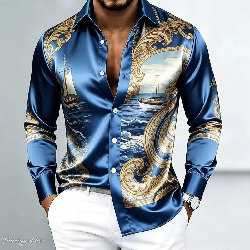 Men's Retro Baroque Printed Satin Silk Shirt Long Sleeved | SAMAG