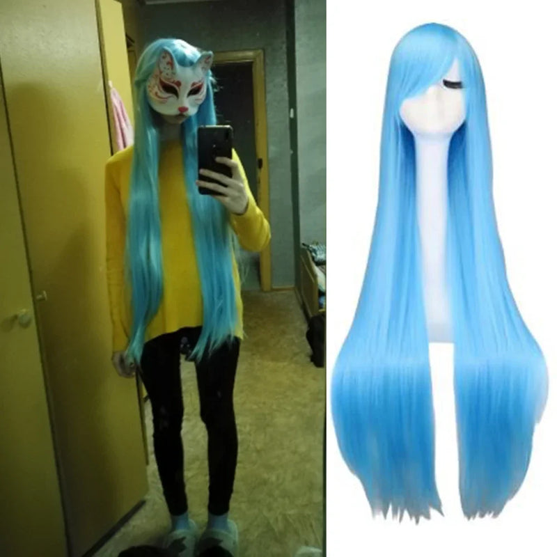 QQXCAIW Long Straight Cosplay Wig Black Purple Black Red Pink Blue Dark Brown 100 Cm Synthetic Hair Wigs