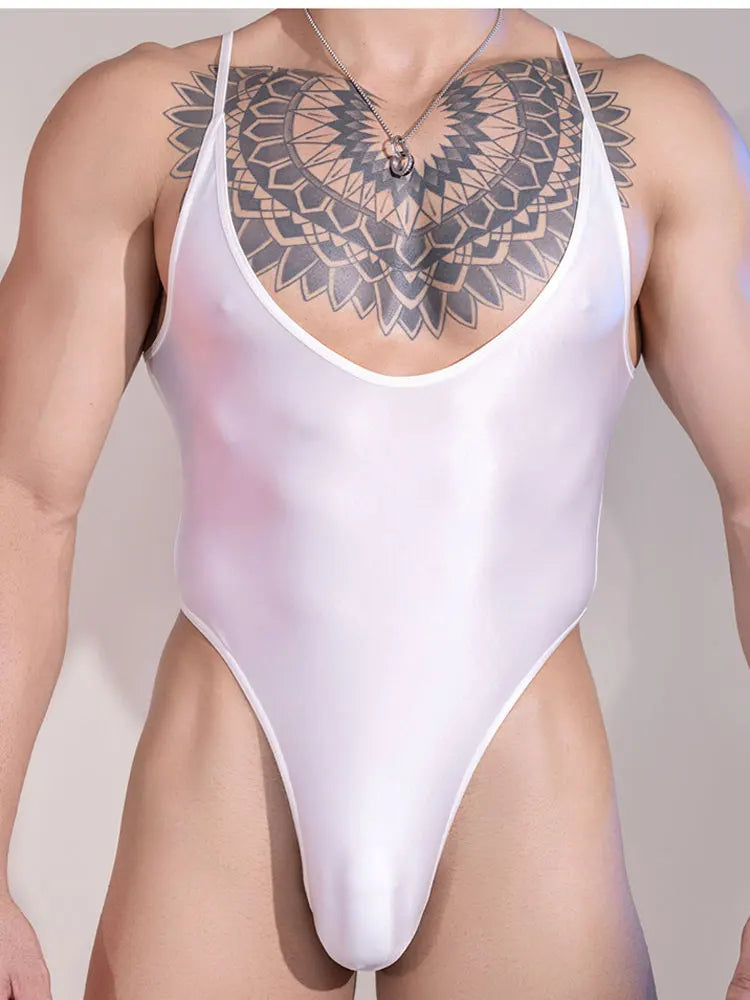 Sexy Satin Shiny Thong Cut Bodysuit Tops Fashion Traceless Tights Man Shaping Onesies High Elastic Shaping Wear Breathable