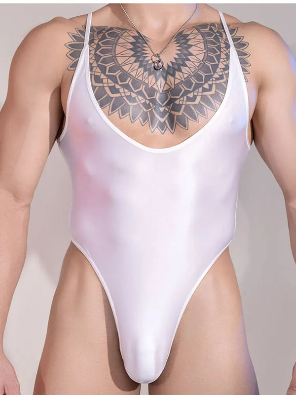 Sexy Satin Shiny Thong Cut Bodysuit Tops Fashion Traceless Tights Man Shaping Onesies High Elastic Shaping Wear Breathable
