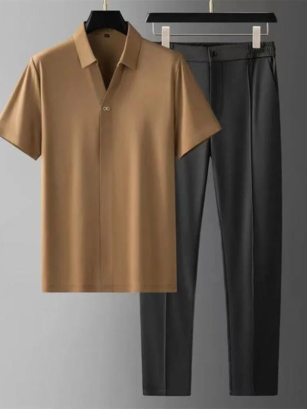 Summer New Fashion Solid Color Ice Silk Short - Sleeved Shirt Set Men's Casual Relaxed Comfortable - View 4 | SAMAG
