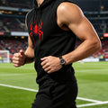 Men's Black Sleeveless Hooded Vest Spider Print Gym Tank Breathable Spring Summer Workout Casual Fitness Sportswear