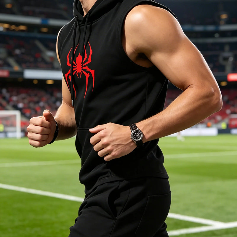 Men's Black Sleeveless Hooded Vest Spider Print Gym Tank Breathable Spring Summer Workout Casual Fitness Sportswear