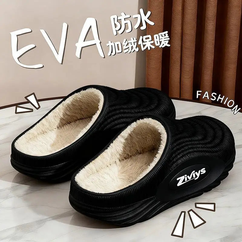 2025 New Men's Thick Bottom Waterproof Non-Slip Warm Home Outdoor Wear Fleece Lined Couple Cotton Slippers Winter EVA