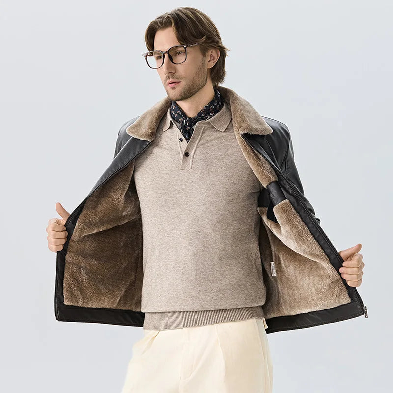 Faux Fur Faux Leather Men Jacket Thickened Plush Lining Warm PU Leather Jacket Brown Leather Jacket Winter Faux Fur Collar Coat