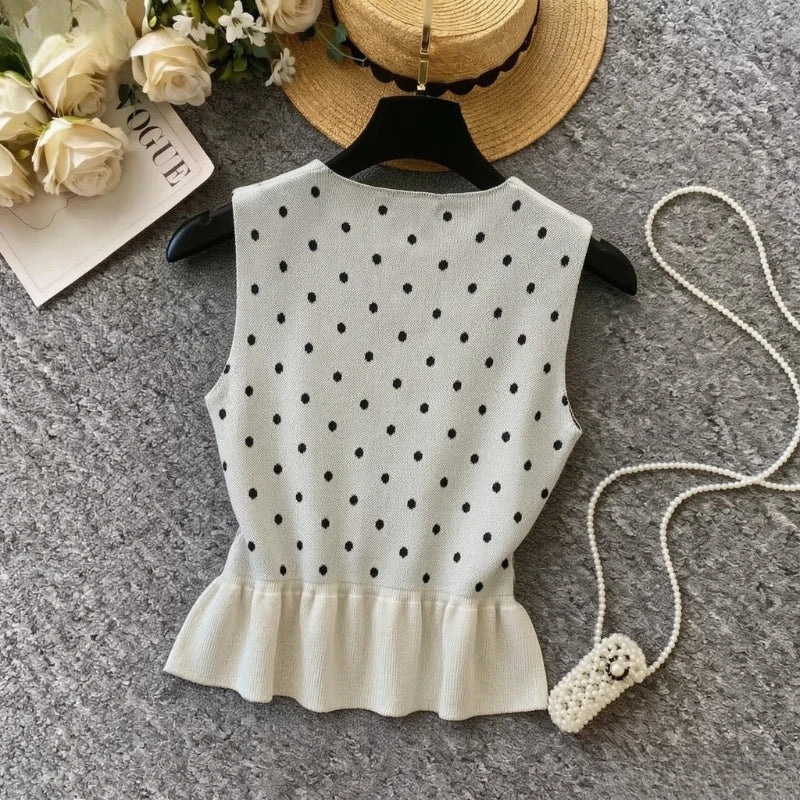Winter Women White Black Polka Dot Sleeveless Knit - View 2 | SAMAG