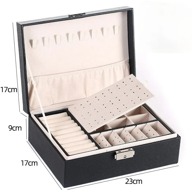 Double-layer Jewlery Box Ring Box Jewelry Boxes with Locks, PU Leather Jewelry Storage Organizer and Makeup Case