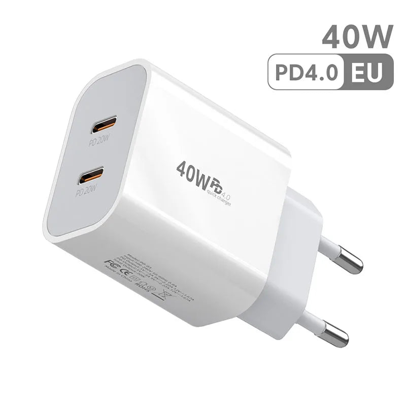 40W Fast Charger Type C Dual Port PD Fast Charging Charger Adapter For iPhone 15 14 Samsung S23 Xiaomi 10A USB C To USB C Cable