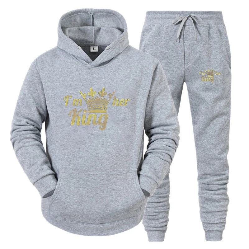 Fashion Long Sleeves KING And QUEEN Printed Hooded Suits Autumn Winter Couple Hoodie + Pants 2 - Piece - View 2 | SAMAG