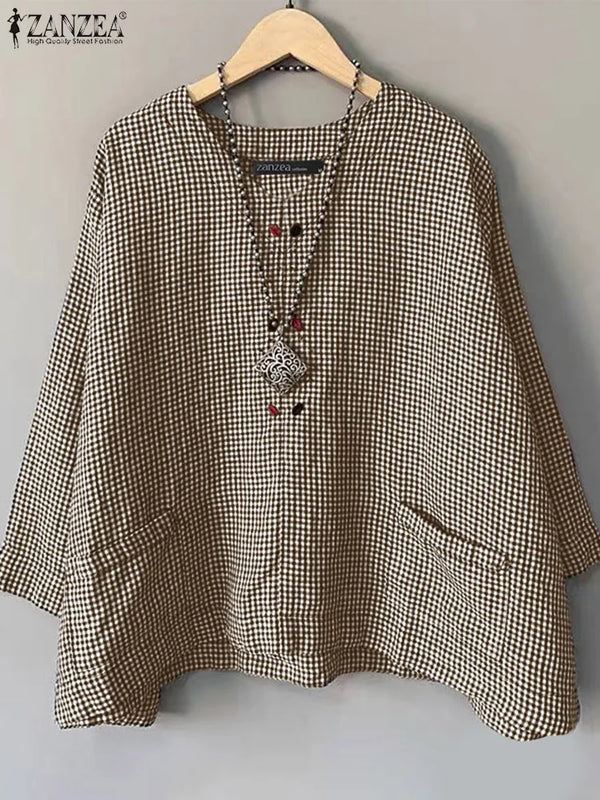 Casual Loose Women Blouse ZANZEA Summer Round Neck Shirt - View 5 | SAMAG