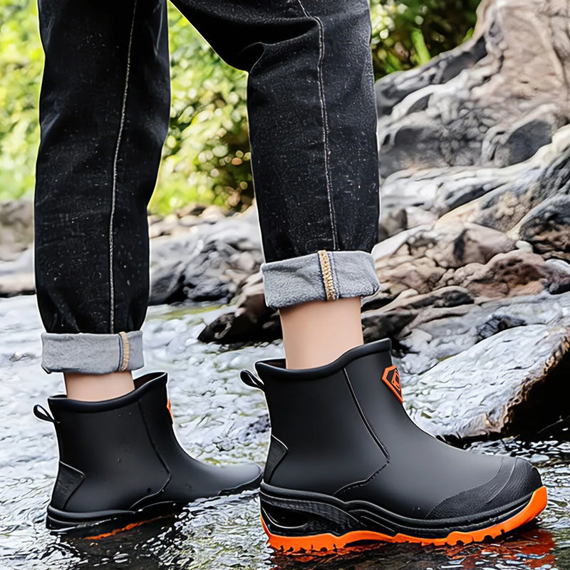 Wear resistant thick soled water boots, military green river tracing men's short boots, rain boots, waterproof men's water shoes