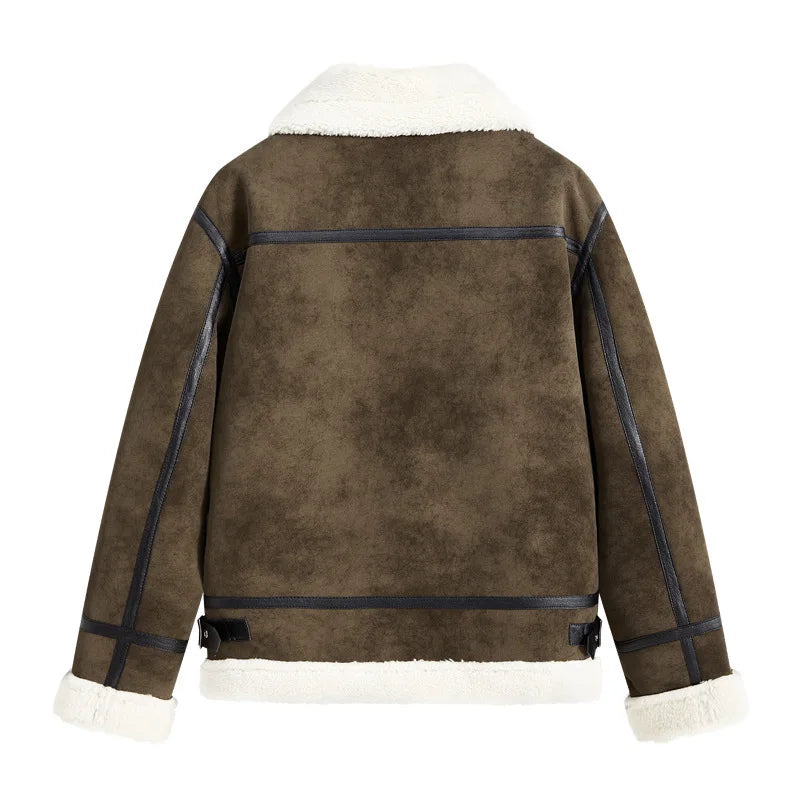 Men's Short Biker Style PU Leather Jacket Trendy Flight Coat Flip Collar Fur Lined Fashion Outerwear
