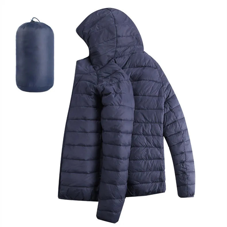 Men Hiking Down Cotton Jacket Hooded Lightweight Parkas Zip Pocket Fashion Outerwear Casual Padded Jacket and Coat Men Winter