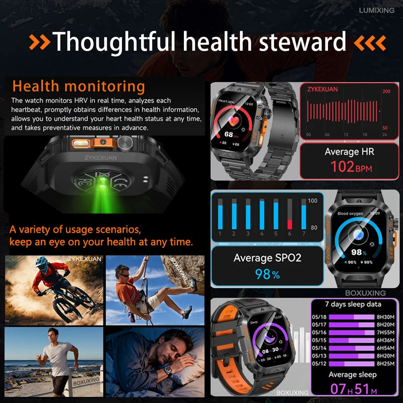 2026 New 1200 mAh Battery Military Smartwatch Men 5ATM Waterproof Fitness Tracker Health Heart Rate Smart Watch For iOS Android