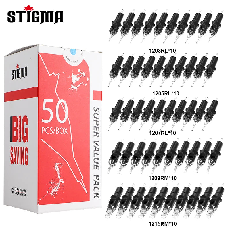 STIGMA 50PCS Mixed Professional Tattoo Cartridge Needles with Membrane Safety Cartridges Disposable Tattoo Needle