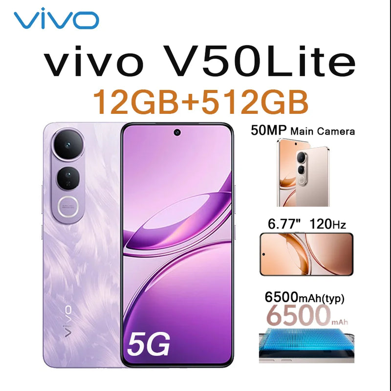 VIVO V50 Lite 5G 6.77" 120Hz Display 12GB+512GB 50MP Cam 6500mAh Long Lasting Battery Type-C Dual SIM Unlocked Smartphone