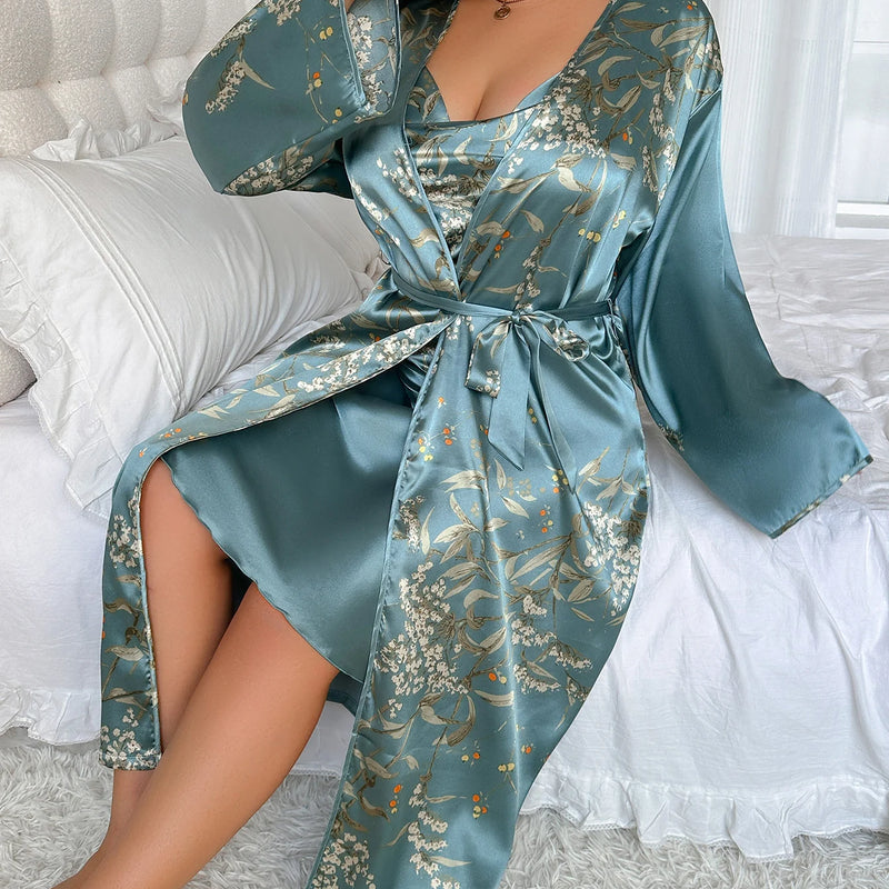 Plus Size Cherry Floral Print Women Pajama Set Sexy Slip | SAMAG