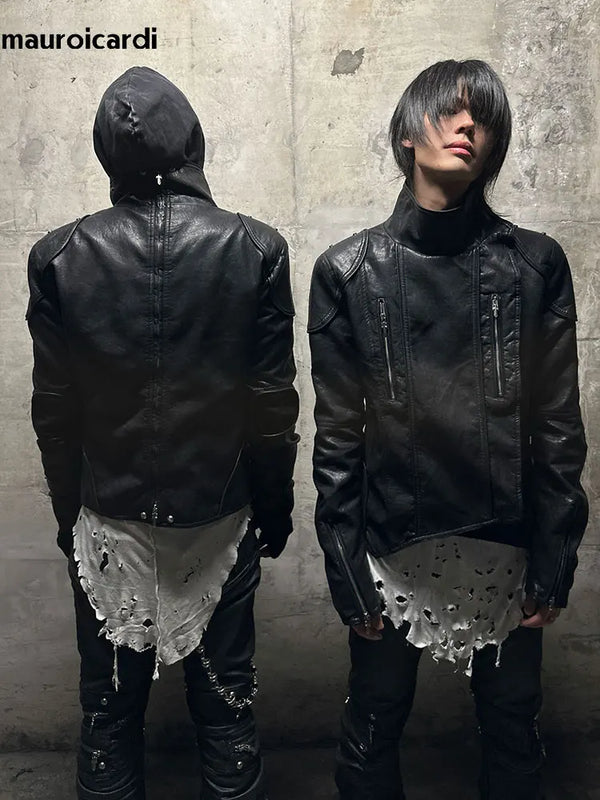 Mauroicardi Spring Black Short Pu Leather Jacket Men with Back Zipper Luxury Brands Original Emo Streetwear Punk Style Clothing