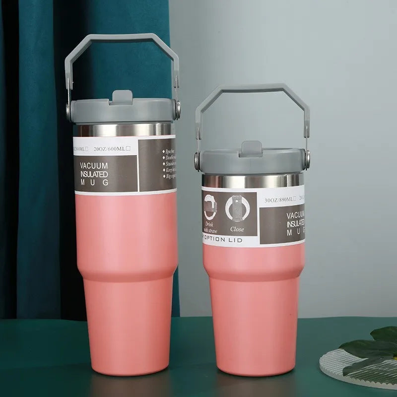 600/890ML Thermos Mug With Straw Stainless Steel Car Insulated Flask Water Tumbler for Outdoor Keeps Cold and Heat Thermal Mug