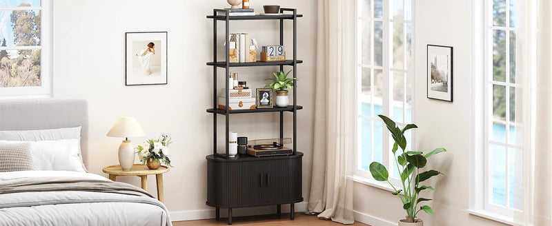 71" Tall Bookshelf,4-Tier Book Shelf with Storage Cabinet,Modern Bookcase with Sliding Door & Adjustable Footpad