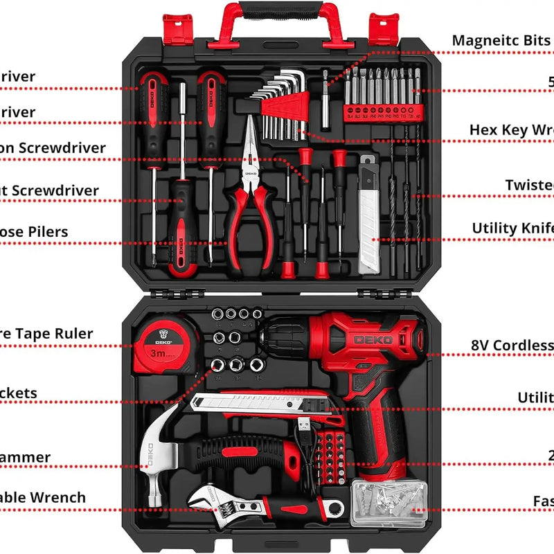DEKO Drill Set Tool with 8V Red Cordless Home Kit with Hand for Women 126 Piece - View 6 | SAMAG