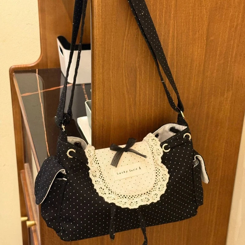 Korean Lace Polka Dot Shoulder Bag Cute Drawstring Flap Crossbody Handbag Retro Sweet Vintage Messenger Purse Daily Casual Hobo