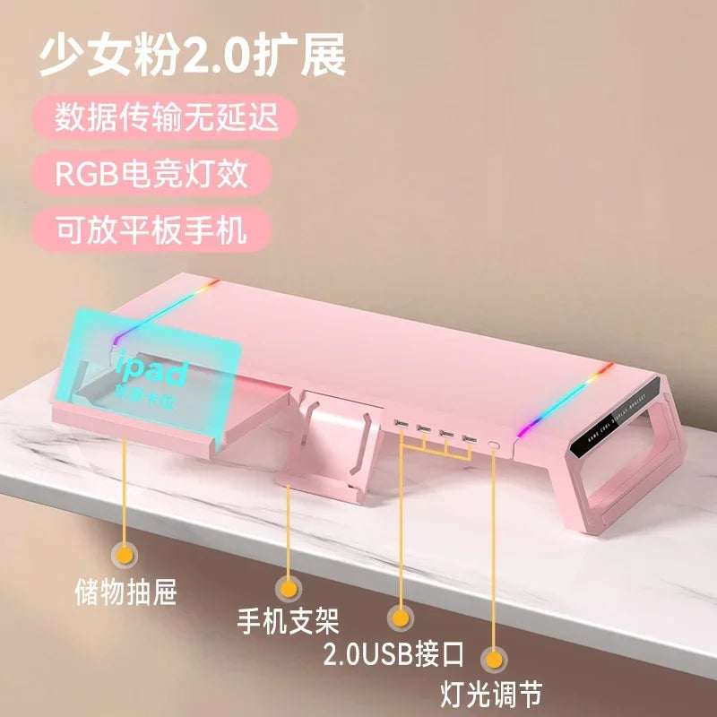 Hot Computer Monitor Stand with USB Pink Laptop Table with Drawer Multifunctional Tablet Stand for Girls Height Adjustable