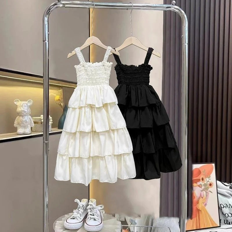 Girls Layers Slip Dress Summer Children Sling Long Gown Kids Fashion Birthday Party Vestidos New Teenager Casual Clothing