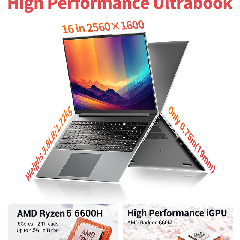 FIREBAT U6B 16" Laptop AMD Ryzen5 6600H LPDDR5 16GB RAM M.2 512GB SSD WiFi6 BT5.2 16inch 2.5K 120Hz Screen Windows11 Computer