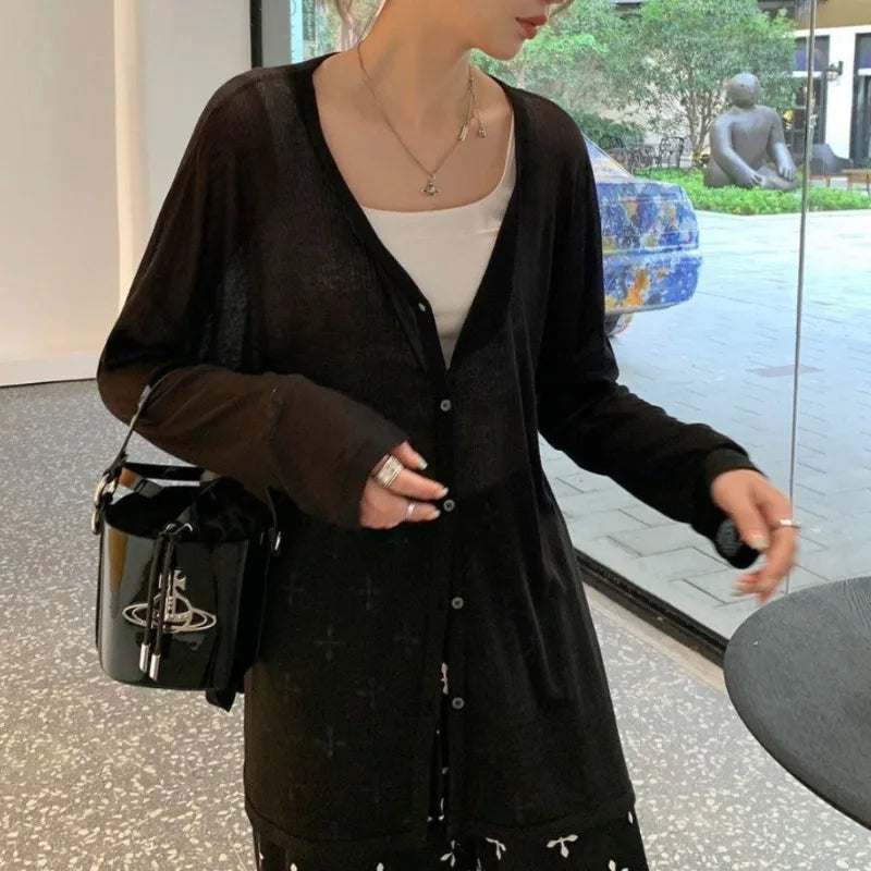 Women's Casual V-Neck Long Sleeve Cardigan, Lightweight Sun Protection Knit Outerwear, Lazy Style Cover Up for All Seasons