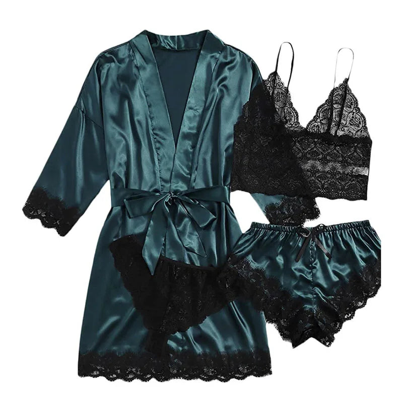 Women's Four-Piece Lace Camisole Nightwear Set with Robe | SAMAG