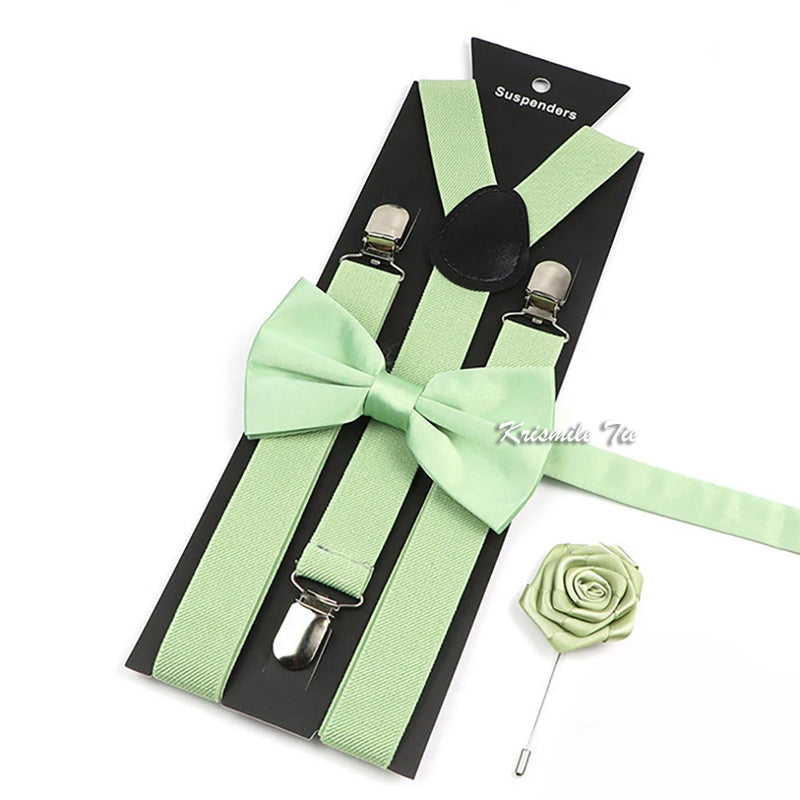 Novalty Sage Green Suspender Bowtie Set For Men Women Kids Romatic Wedding Party Elastic Y-back Straps Pants Shirt Accessory