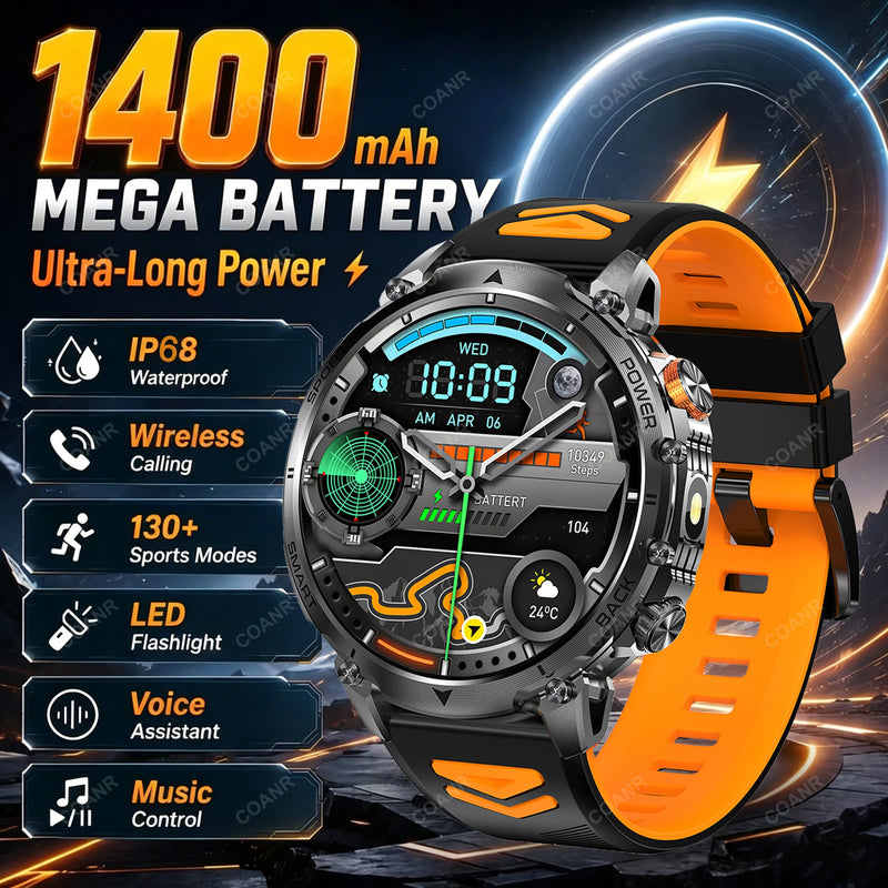 Newly Durable 1400mAh Large Battery Men Smart Watch 1.7" HD Screen IP68 Waterproof LED Flashlight Sport BT Call Smart Bracelet