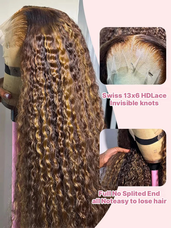 40 44 Inch Curly Highlight Wig Human Hair Deep Wave 13x6 HD Frontal Wig 4/27 Honey Blond 13x4 Water Wave Lace Front Wigs Raw Human Hair Wigs For Black Women 250% Pre Plucked Natural Hairline